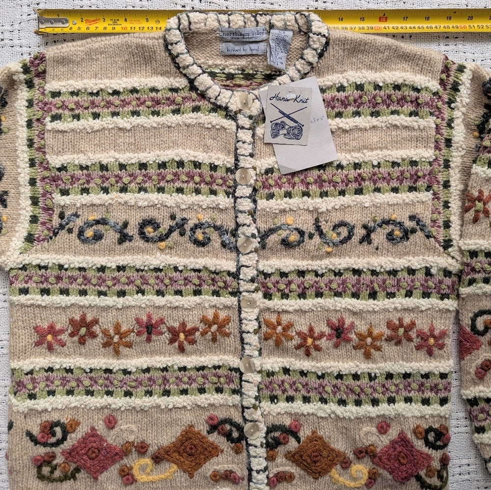 NORTHERN ISLES Vintage Wool Cardigan Women L Hand Knit Textured Embroidered  NWT - Picture 3 of 6